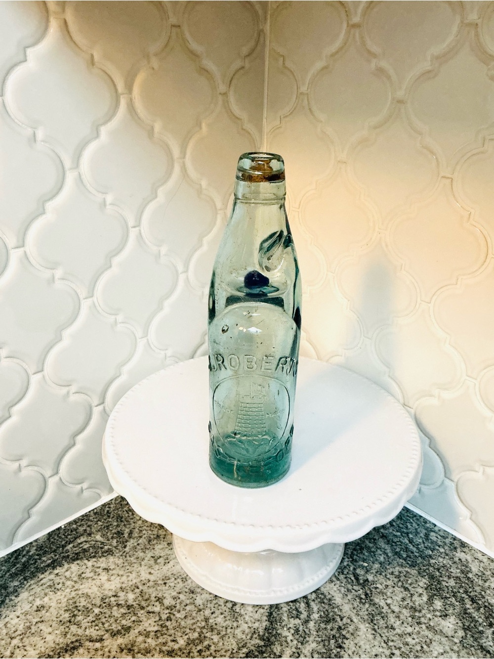 2 Antique 1911 Aqua Codd Marble Embossed Soda Bottles